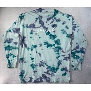 Victorias Secret PINK Campus Long Sleeve Tee Top Blue Green Tie Dye Script MED